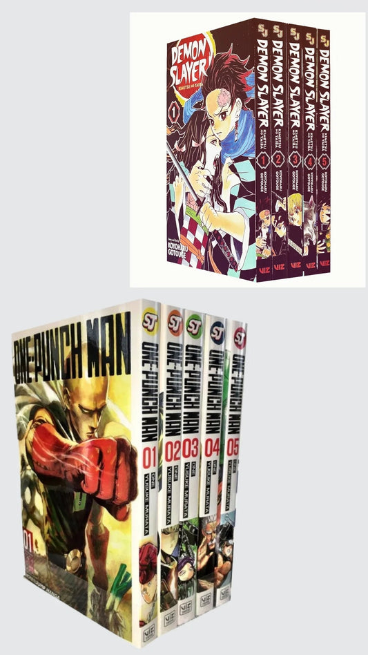 Action Hit Manga Bundle: Demon Slayer & One-Punch Man (Vol. 1-5 Each) 💥 With Bonus Manga Wall Framed Poster! - TAKURAI