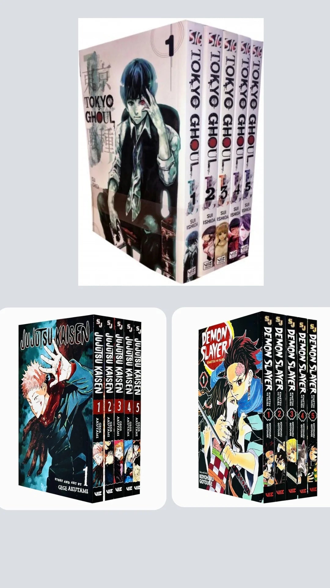 Newbie Essentials Pack — Manga Set (Volumes 1–5) with Bonus Manga Wall Poster Demon Slayer 1-5 || Tokyo Ghoul 1-5 || Jujutsu Kaisen 1-5 ( COMBO ) - TAKURAI