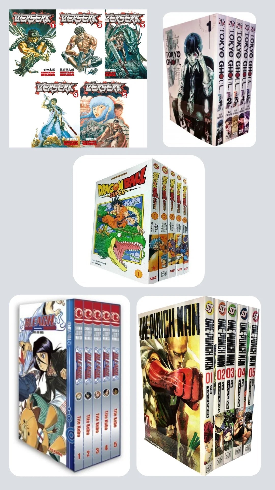 Shonen & Seinen Essentials Bundle — Vol. 1-5 of 5 Legendary Series 💥 With Bonus Manga Wall Framed Poster! Dragon Ball 1-5 || One Punch man 1-5 || Bleach 1-5 || Tokyo Ghoul 1-5 || Berserk 1-5 || - TAKURAI