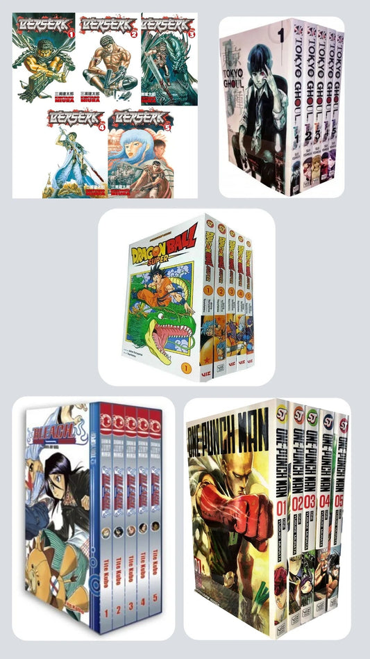 Shonen & Seinen Essentials Bundle — Vol. 1-5 of 5 Legendary Series 💥 With Bonus Manga Wall Framed Poster! Dragon Ball 1-5 || One Punch man 1-5 || Bleach 1-5 || Tokyo Ghoul 1-5 || Berserk 1-5 || - TAKURAI